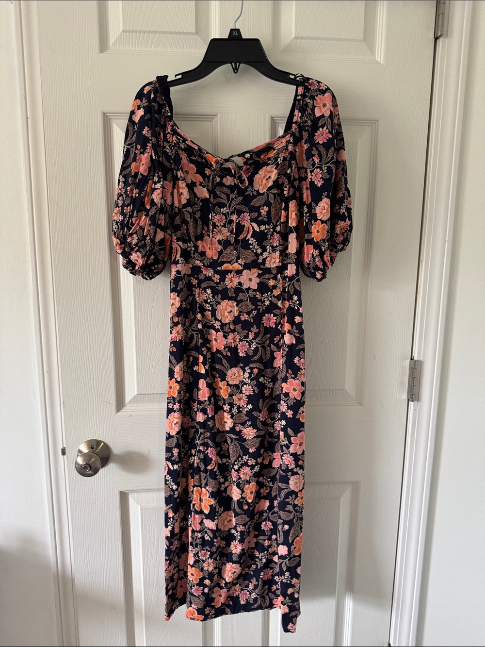 Old Navy Black Midi Dress with Coral and Pink Floral Print